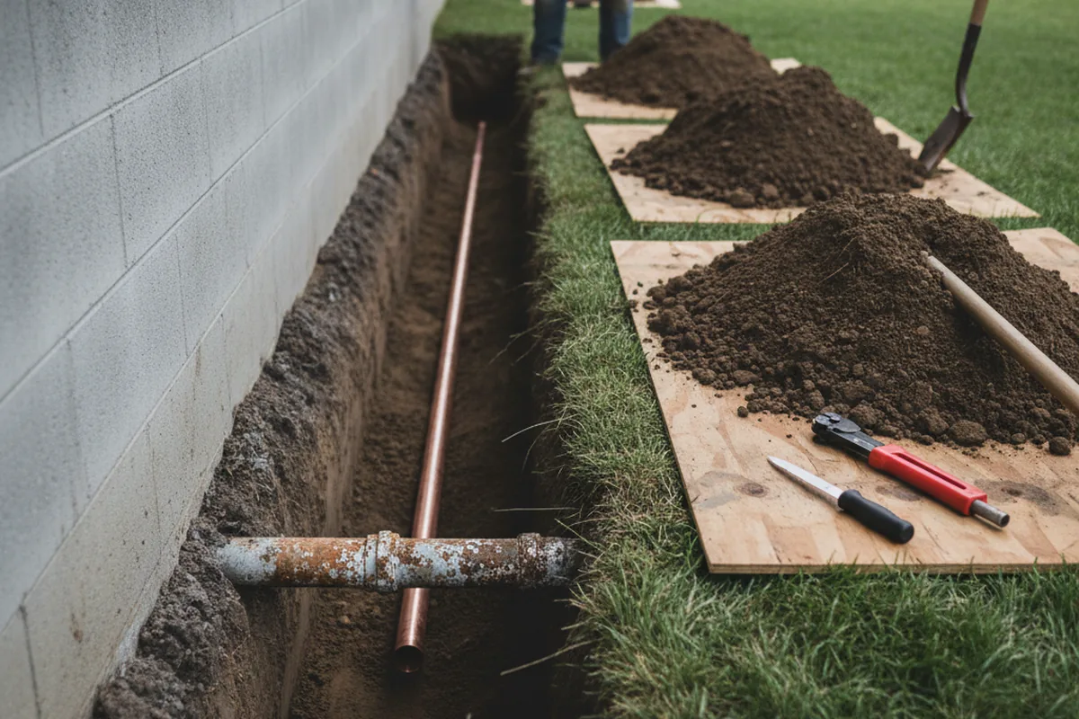 Excavated water line trench during Sewer Line Repair in Columbus